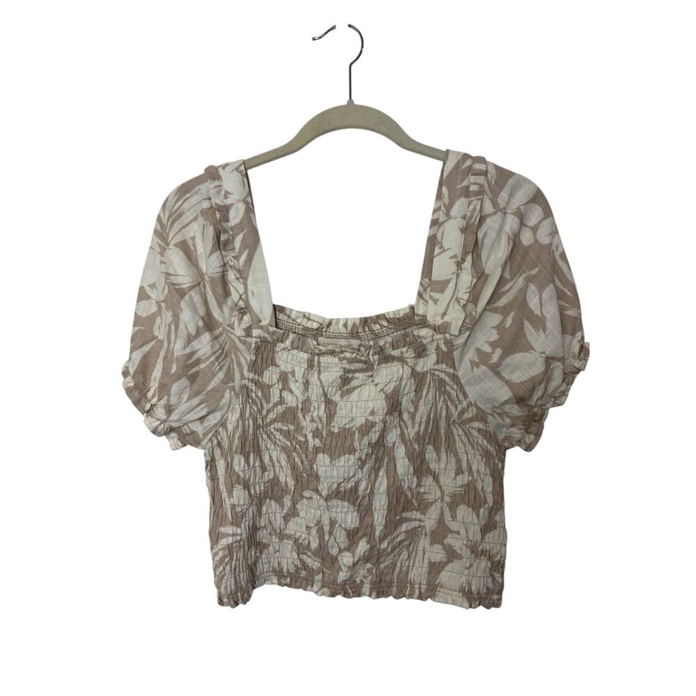 Tropical Flower Linen Blend Boho Smocked Crop Top Size Large Milkmaid Cottage